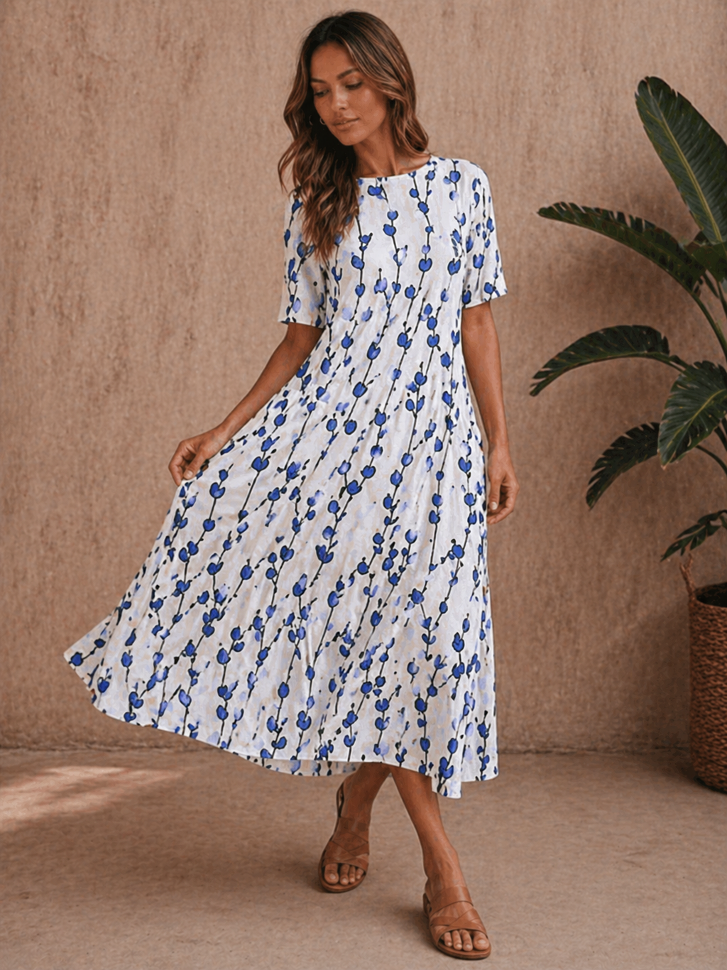 Beatrix | Women’s Elbow Sleeve Flowy Boat Neck Midi Dress