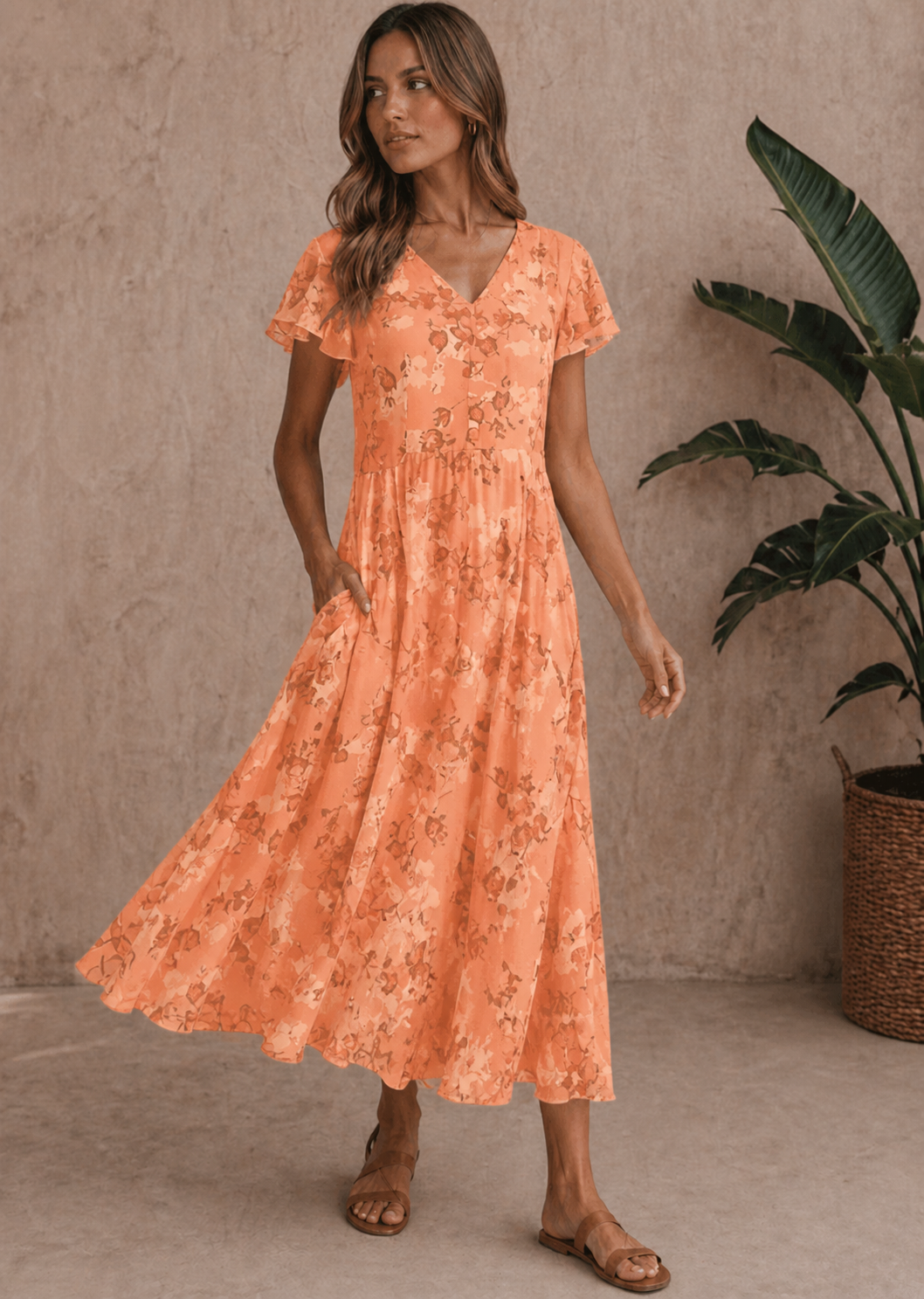 Bernice | Women’s V Neck Flutter Sleeve Maxi Dress