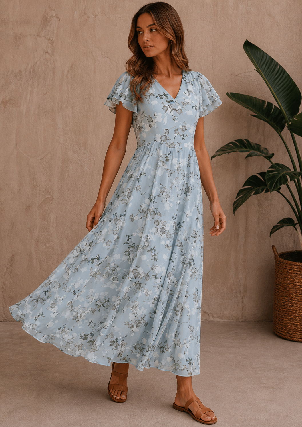 Bernice | Women’s V Neck Flutter Sleeve Maxi Dress