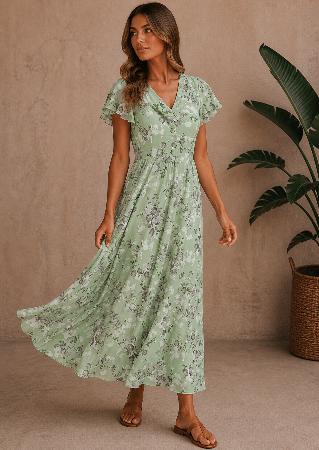 Bernice | Women’s V Neck Flutter Sleeve Maxi Dress