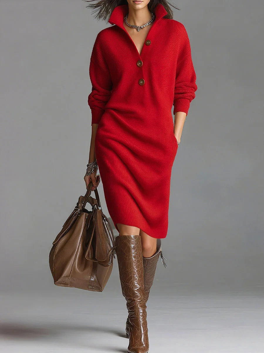 Beth | Women’s Collared Button Front Long Sleeve Midi Dress