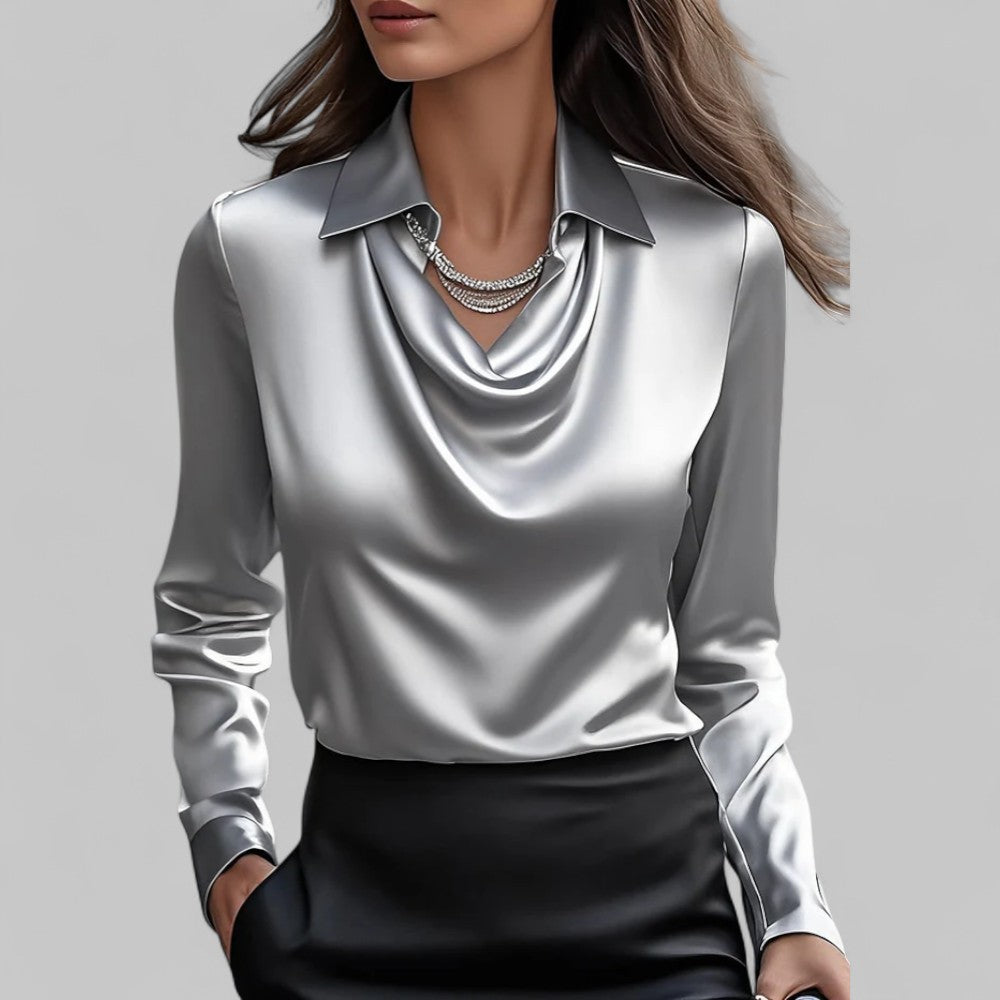 Bethany | Women’s Long Sleeve Draped V Neck Collared Blouse