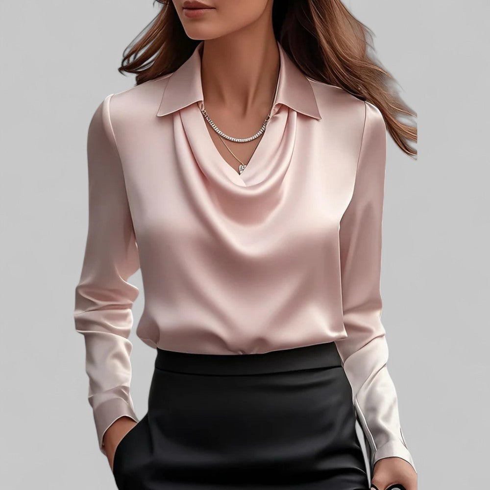 Bethany | Women’s Long Sleeve Draped V Neck Collared Blouse