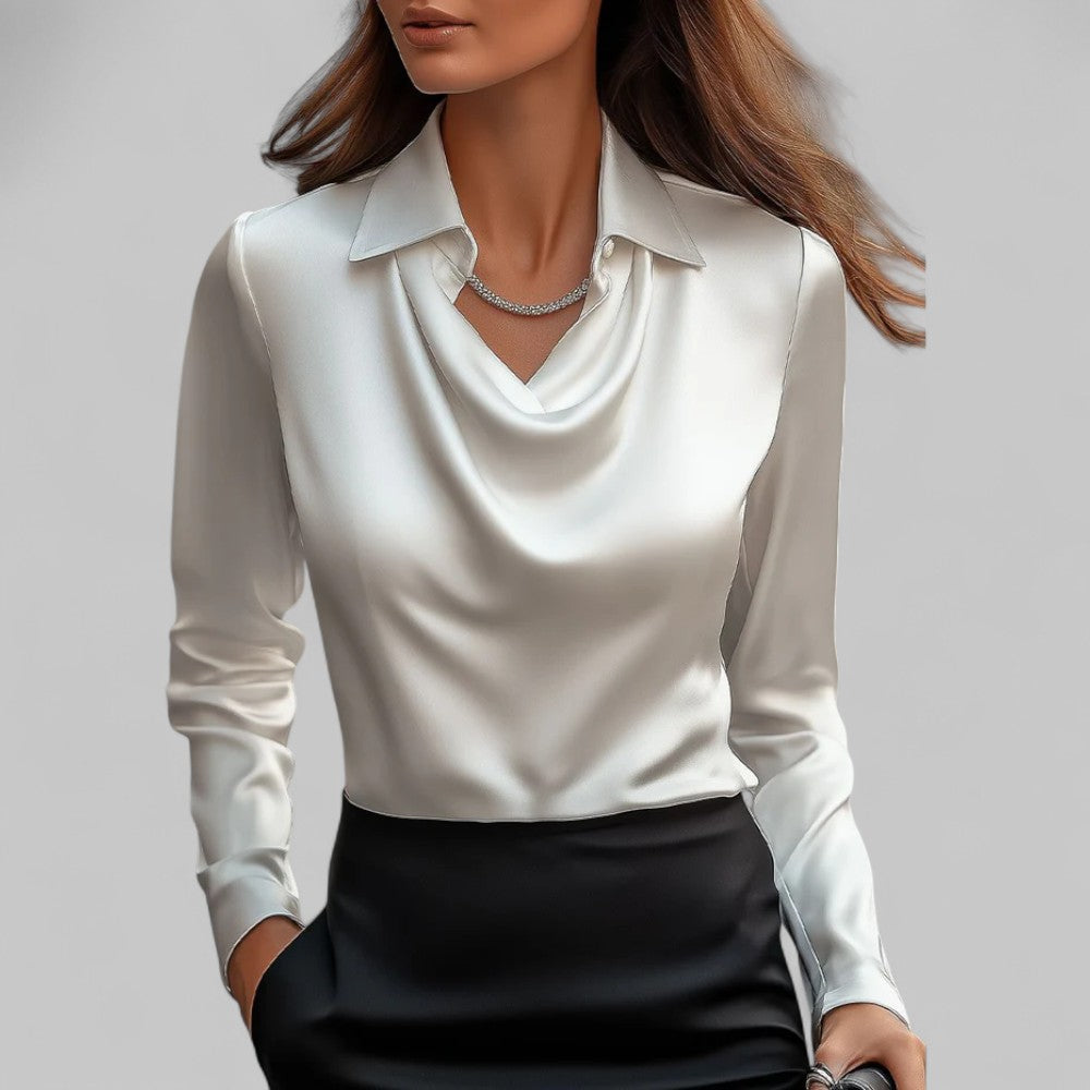 Bethany | Women’s Long Sleeve Draped V Neck Collared Blouse