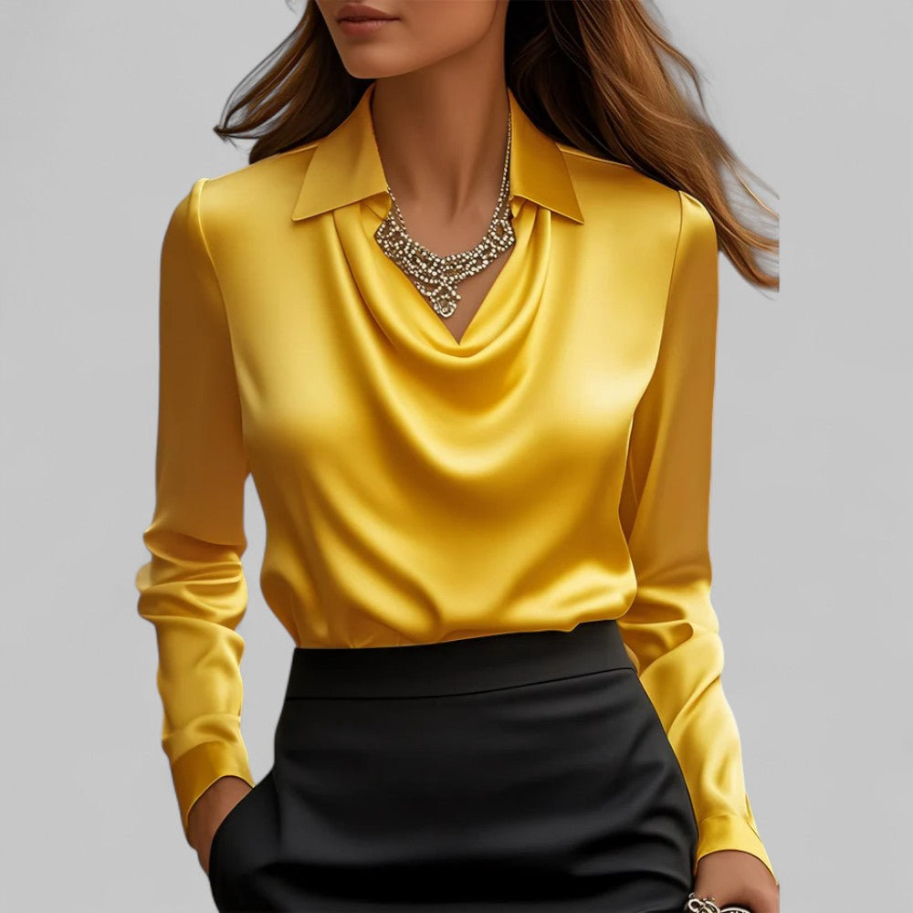 Bethany | Women’s Long Sleeve Draped V Neck Collared Blouse