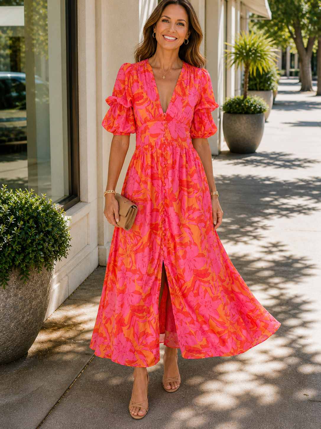 Bette | Women’s Flutter Sleeve V Neck Flowy Maxi Dress