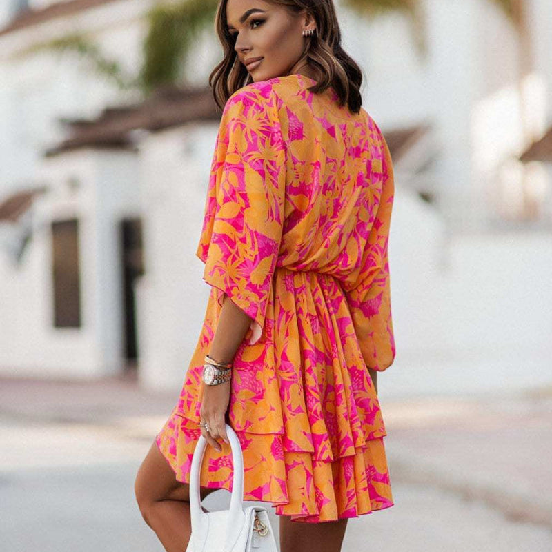 Blanche | Women’s V Neck Floral Print Flowy Mini Dress