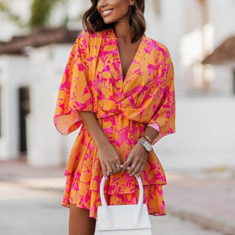Blanche | Women’s V Neck Floral Print Flowy Mini Dress
