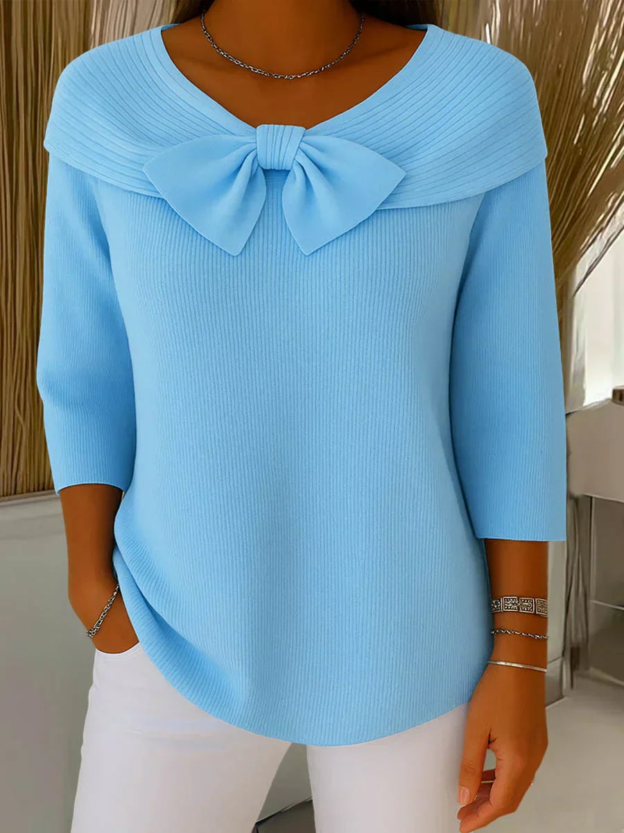 Blessing | Women’s Ribbed Bow Detail Boat Neck Blouse