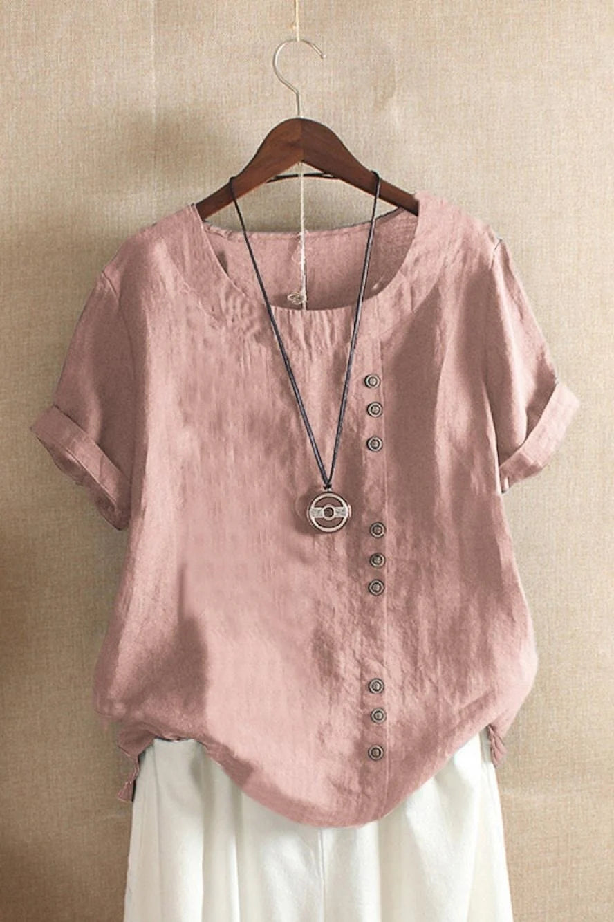 Bonita | Women’s Round Neck Short Sleeve Button Detail Top