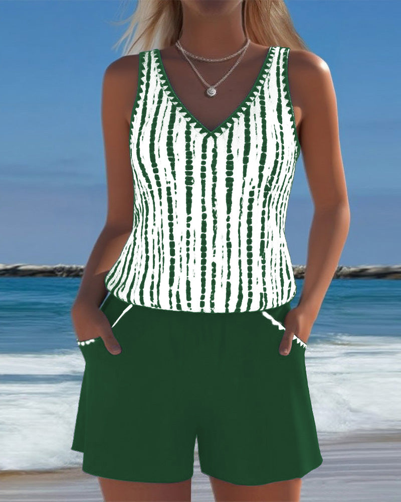 Brenda | Women’s Vertical Stripe V Neck Two Piece Swim Set