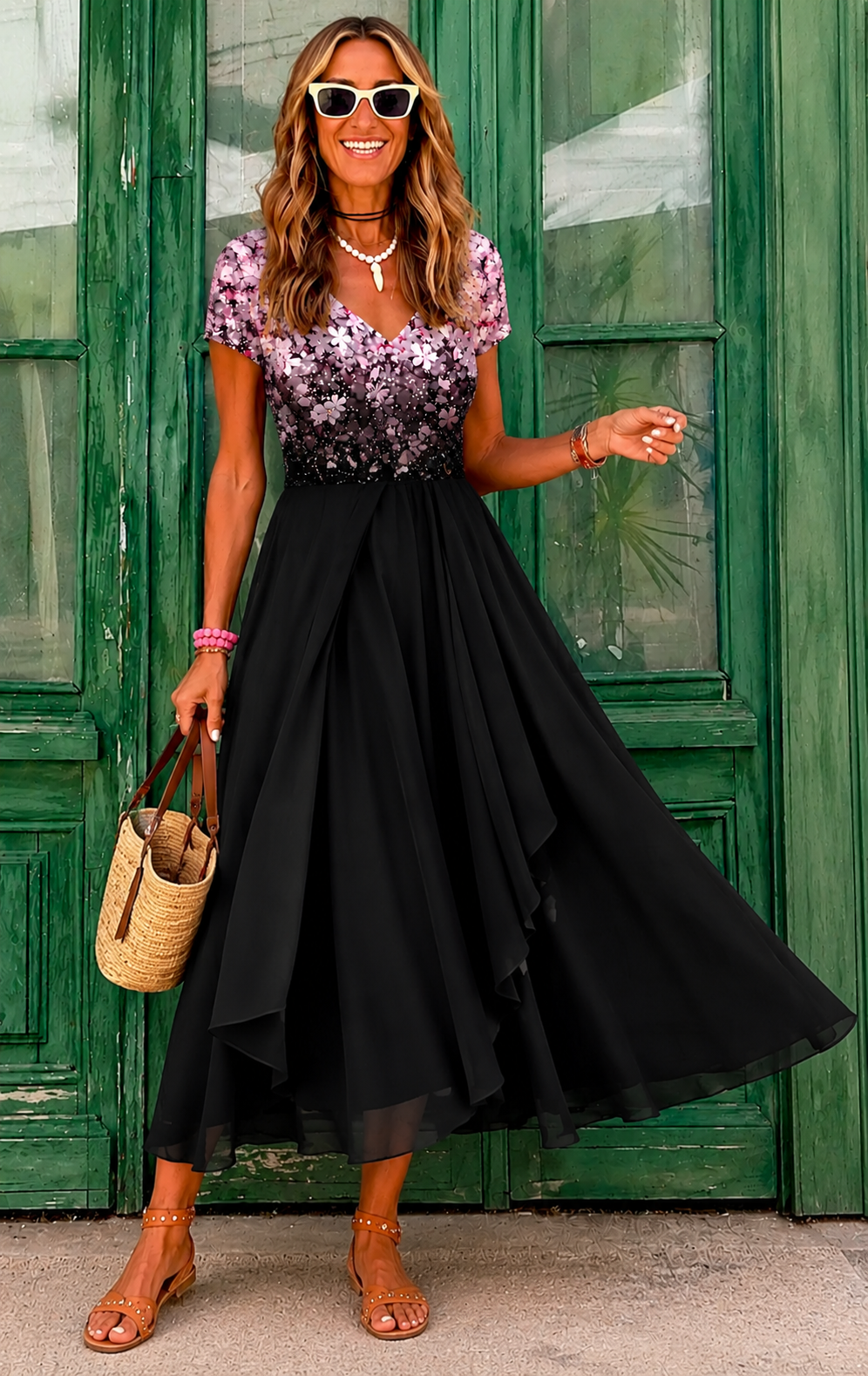 Brinley | Women's Flowy V Neck Sparkly Midi Dress