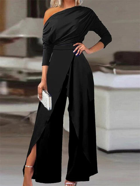 Brittani | Women's Wide Leg One Shoulder Wedding Guest Jumpsuit
