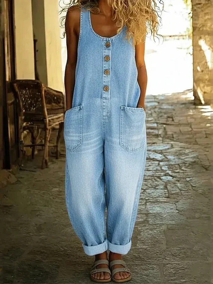 Bronwyn | Women's Sleeveless Scoop Neck Buttoned Denim Jumpsuit