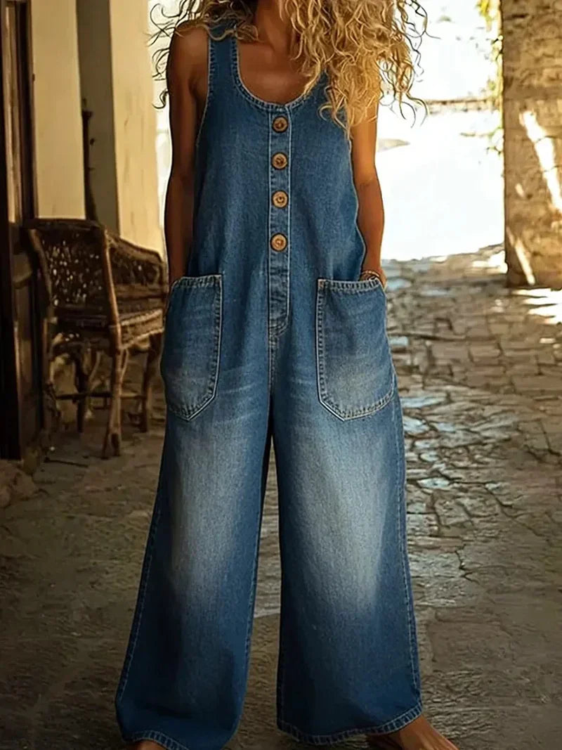 Bronwyn | Women's Sleeveless Scoop Neck Buttoned Denim Jumpsuit