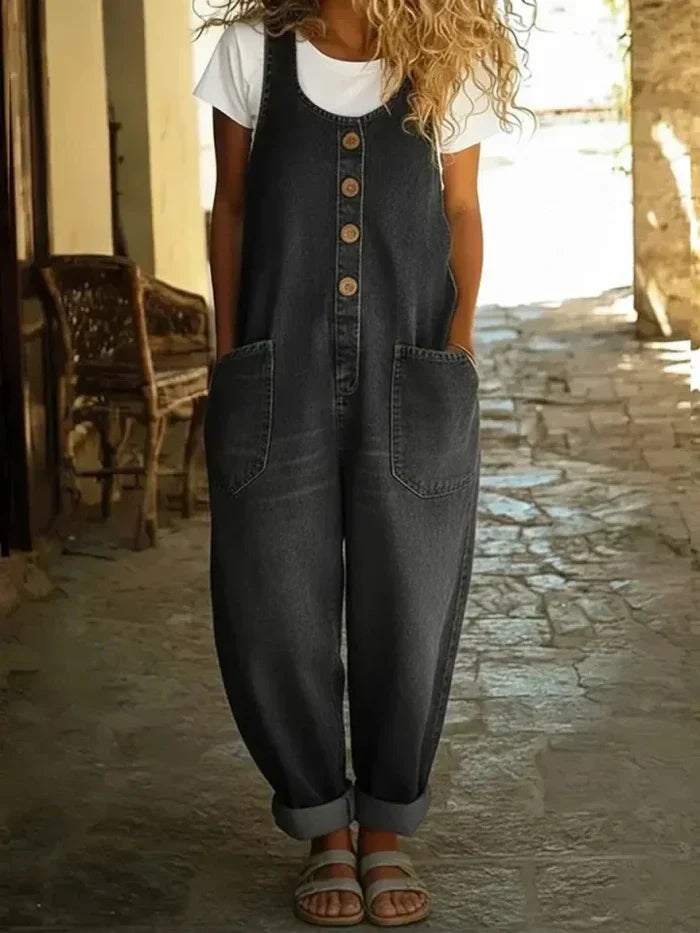 Bronwyn | Women's Sleeveless Scoop Neck Buttoned Denim Jumpsuit