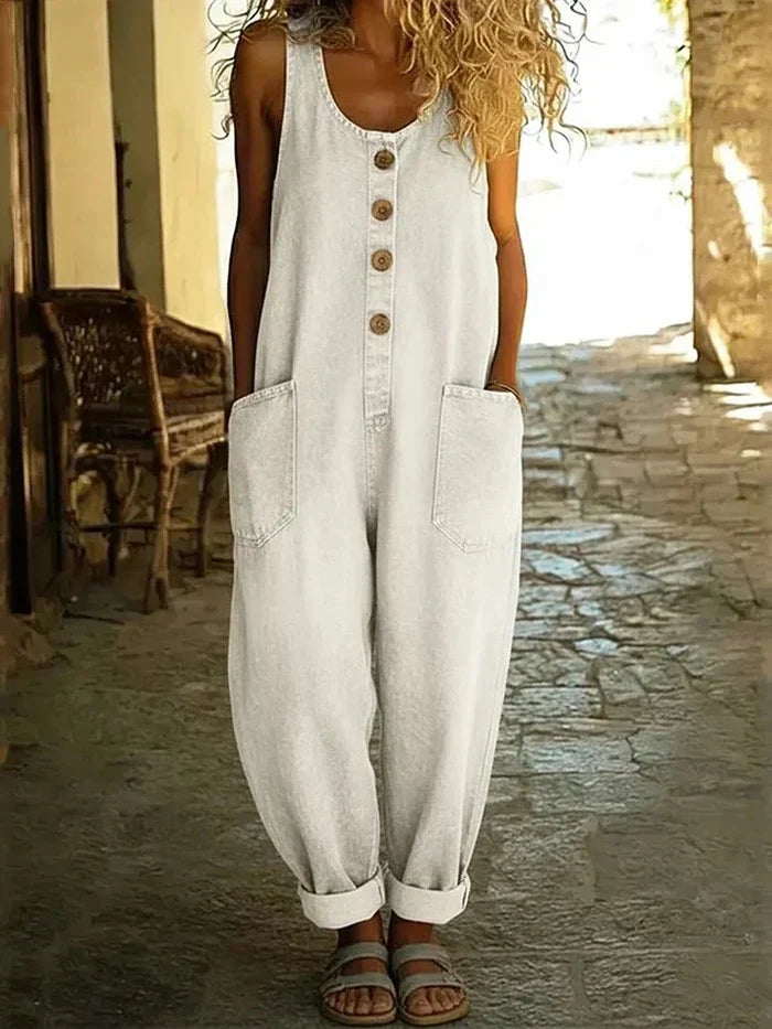 Bronwyn | Women's Sleeveless Scoop Neck Buttoned Denim Jumpsuit