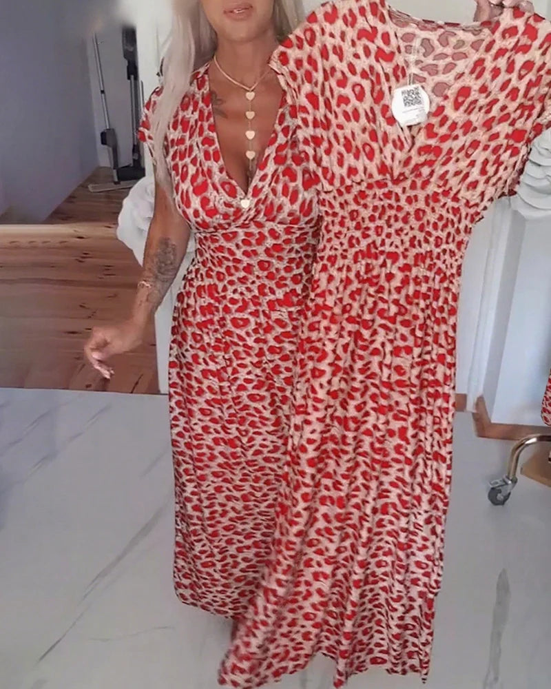 Brynn | Women’s V Neck Short Sleeve Leopard Print Flowy Maxi Dress