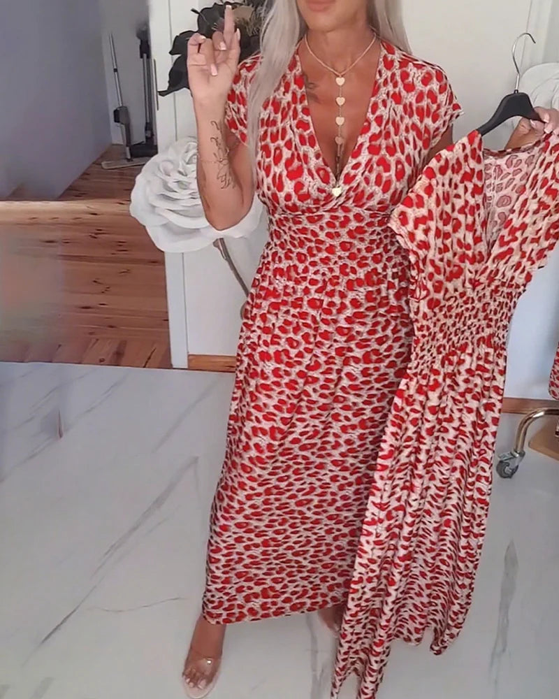 Brynn | Women’s V Neck Short Sleeve Leopard Print Flowy Maxi Dress