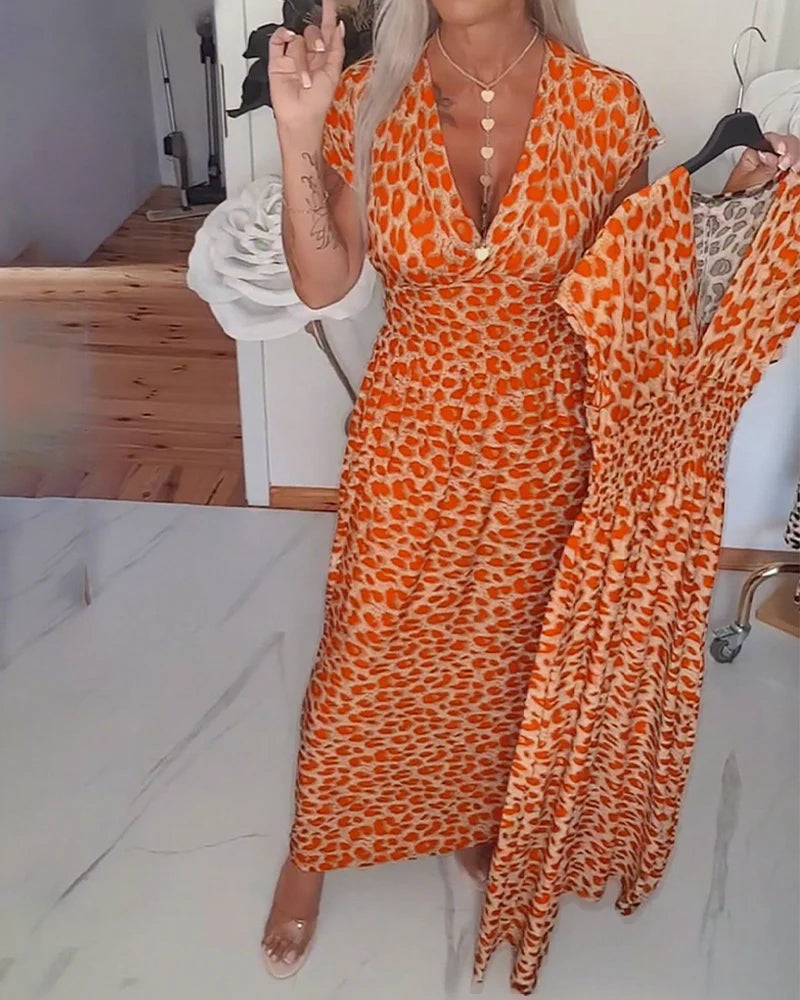 Brynn | Women’s V Neck Short Sleeve Leopard Print Flowy Maxi Dress