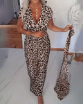 Brynn | Women’s V Neck Short Sleeve Leopard Print Flowy Maxi Dress