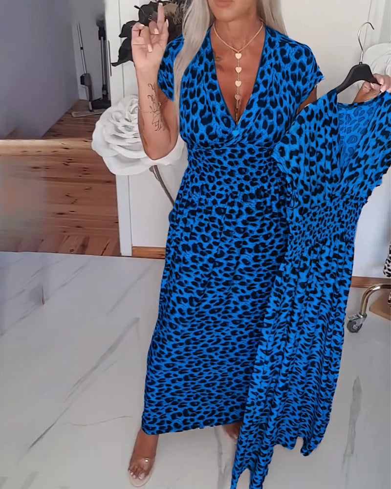 Brynn | Women’s V Neck Short Sleeve Leopard Print Flowy Maxi Dress