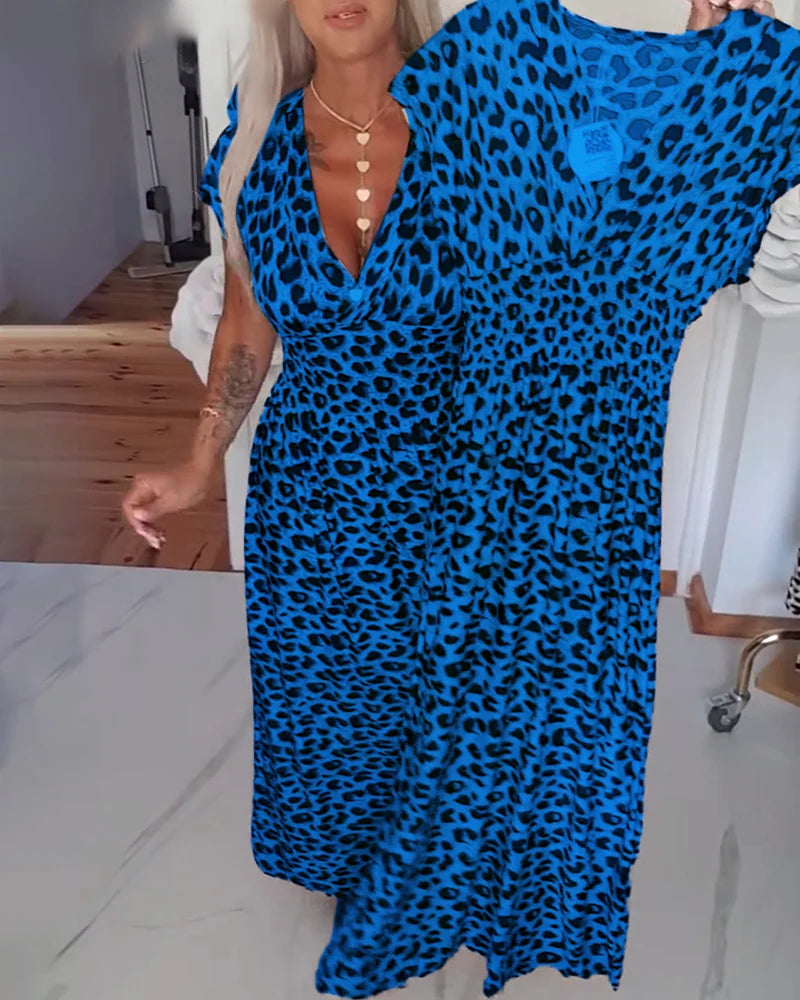 Brynn | Women’s V Neck Short Sleeve Leopard Print Flowy Maxi Dress
