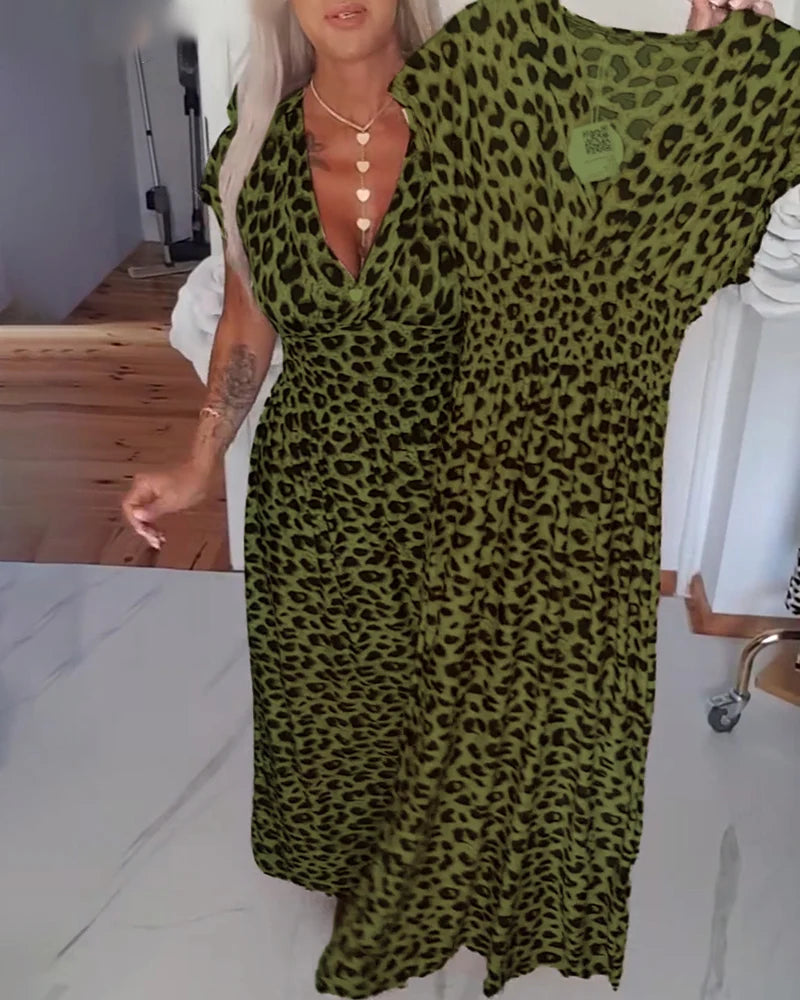 Brynn | Women’s V Neck Short Sleeve Leopard Print Flowy Maxi Dress