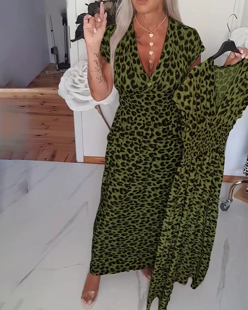 Brynn | Women’s V Neck Short Sleeve Leopard Print Flowy Maxi Dress