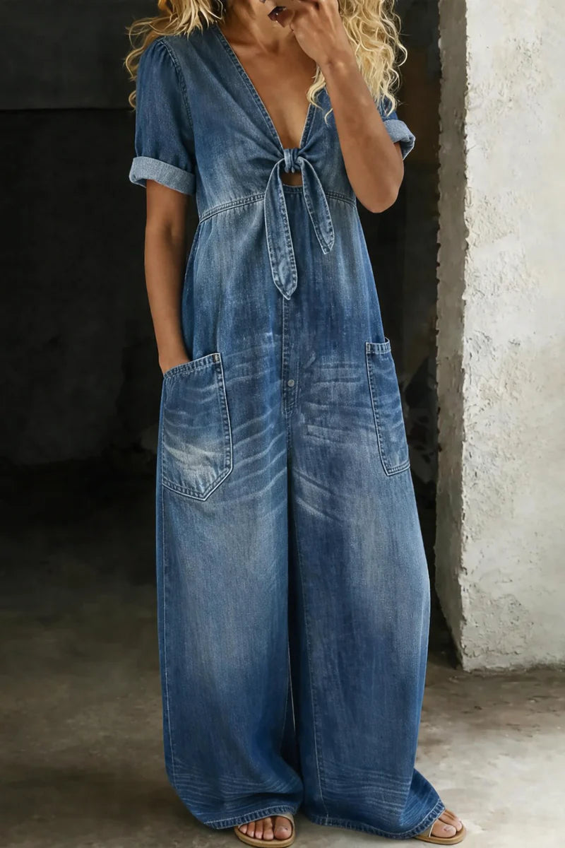 Calista | Women's Short Sleeve V Neck Wide Leg Denim Jumpsuit