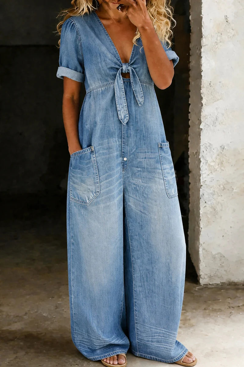Calista | Women's Short Sleeve V Neck Wide Leg Denim Jumpsuit