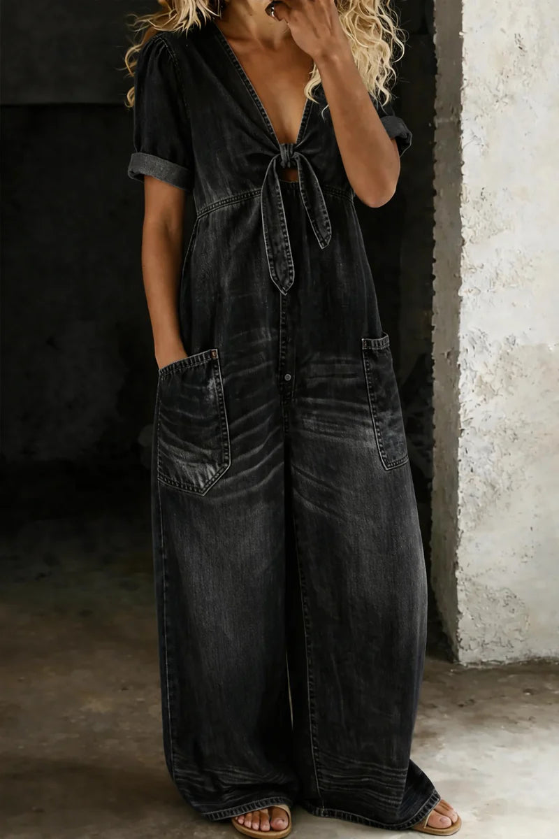 Calista | Women's Short Sleeve V Neck Wide Leg Denim Jumpsuit