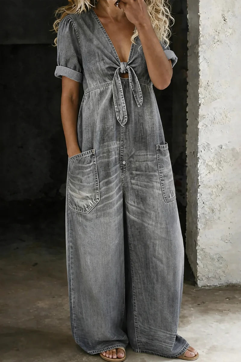 Calista | Women's Short Sleeve V Neck Wide Leg Denim Jumpsuit