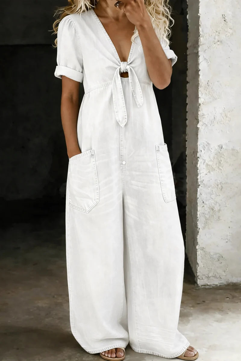 Calista | Women's Short Sleeve V Neck Wide Leg Denim Jumpsuit