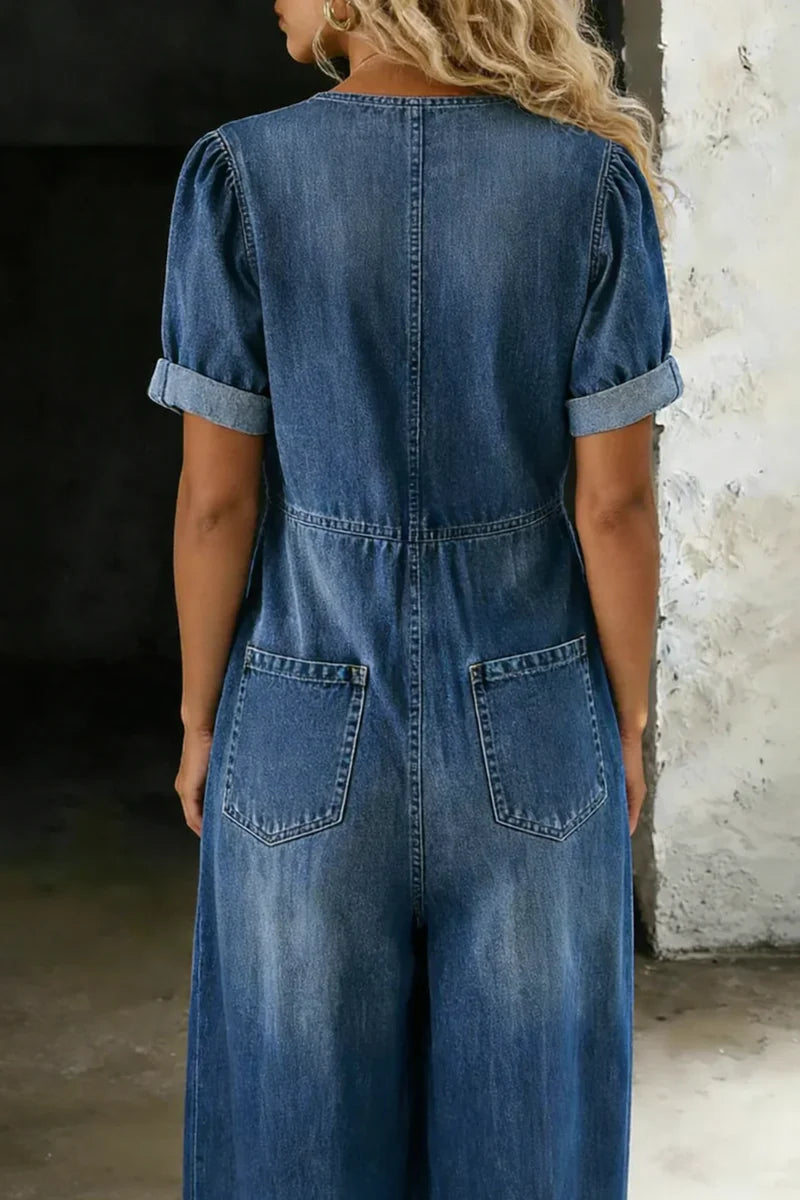 Calista | Women's Short Sleeve V Neck Wide Leg Denim Jumpsuit