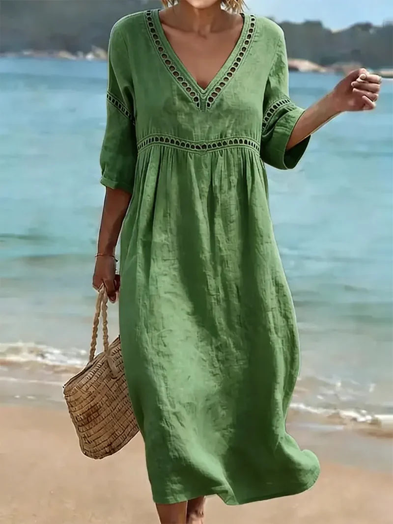 Cambria | Women's Short Sleeve V-Neck Openwork Summer Midi Dress