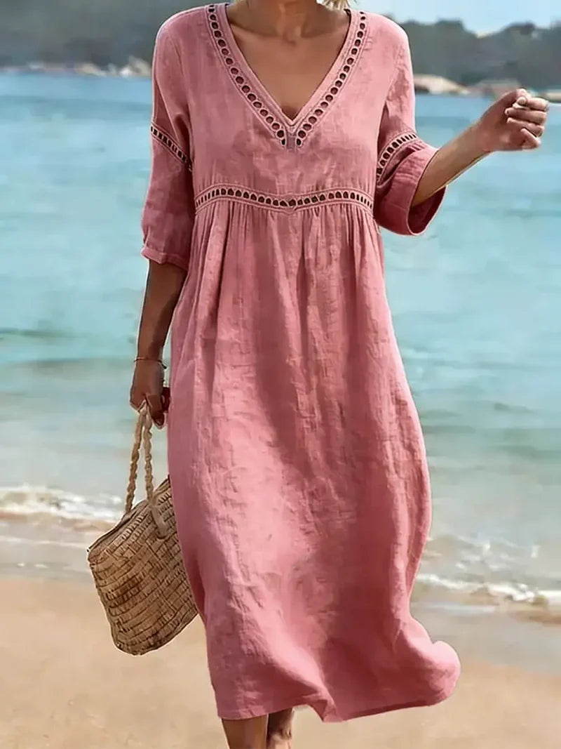 Cambria | Women's Short Sleeve V-Neck Openwork Summer Midi Dress