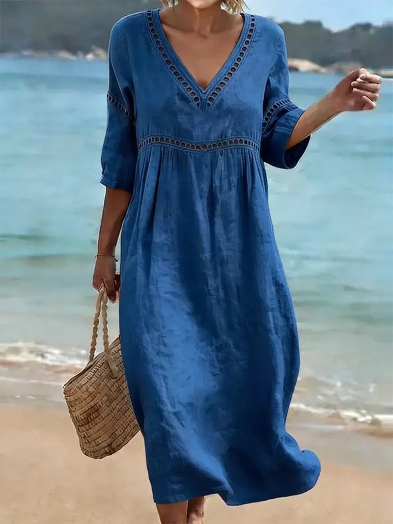 Cambria | Women's Short Sleeve V-Neck Openwork Summer Midi Dress