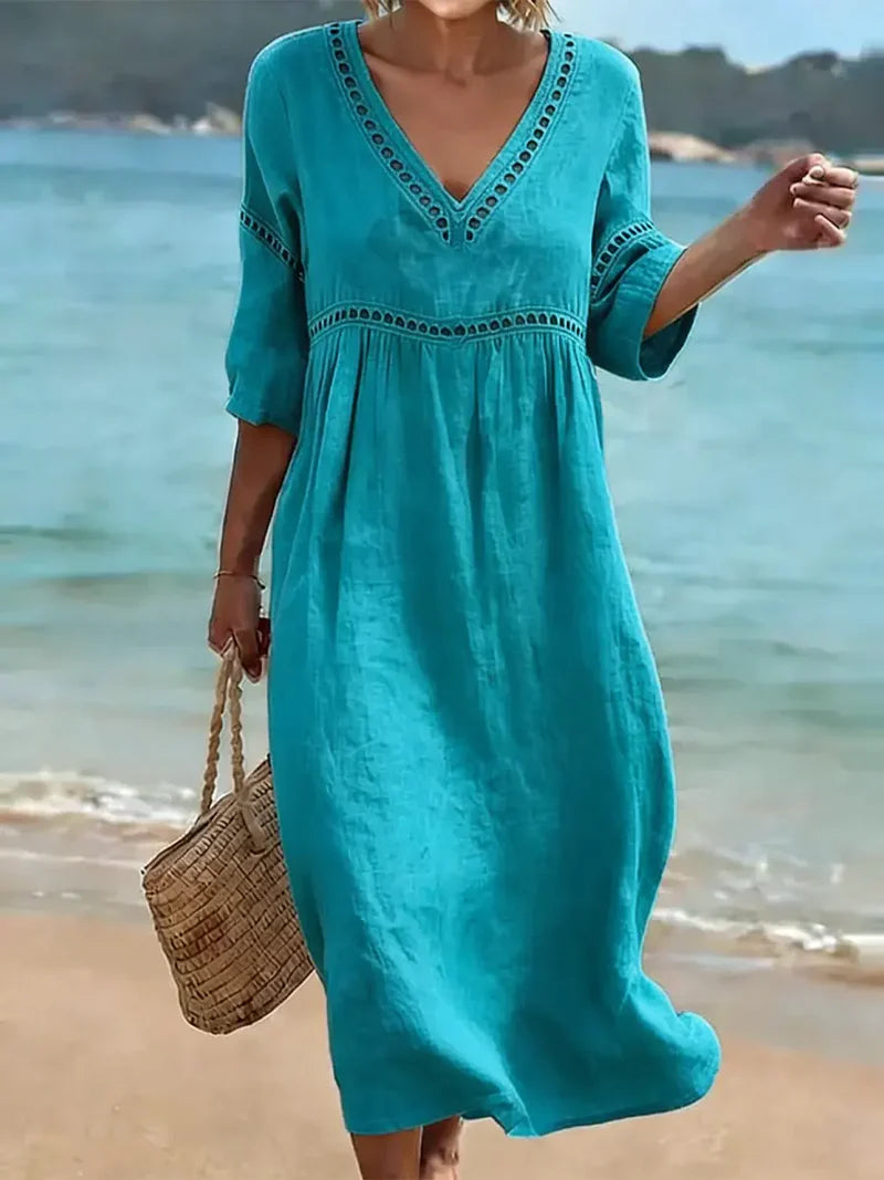 Cambria | Women's Short Sleeve V-Neck Openwork Summer Midi Dress