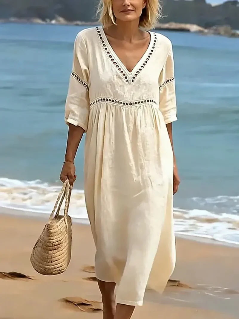 Cambria | Women's Short Sleeve V-Neck Openwork Summer Midi Dress