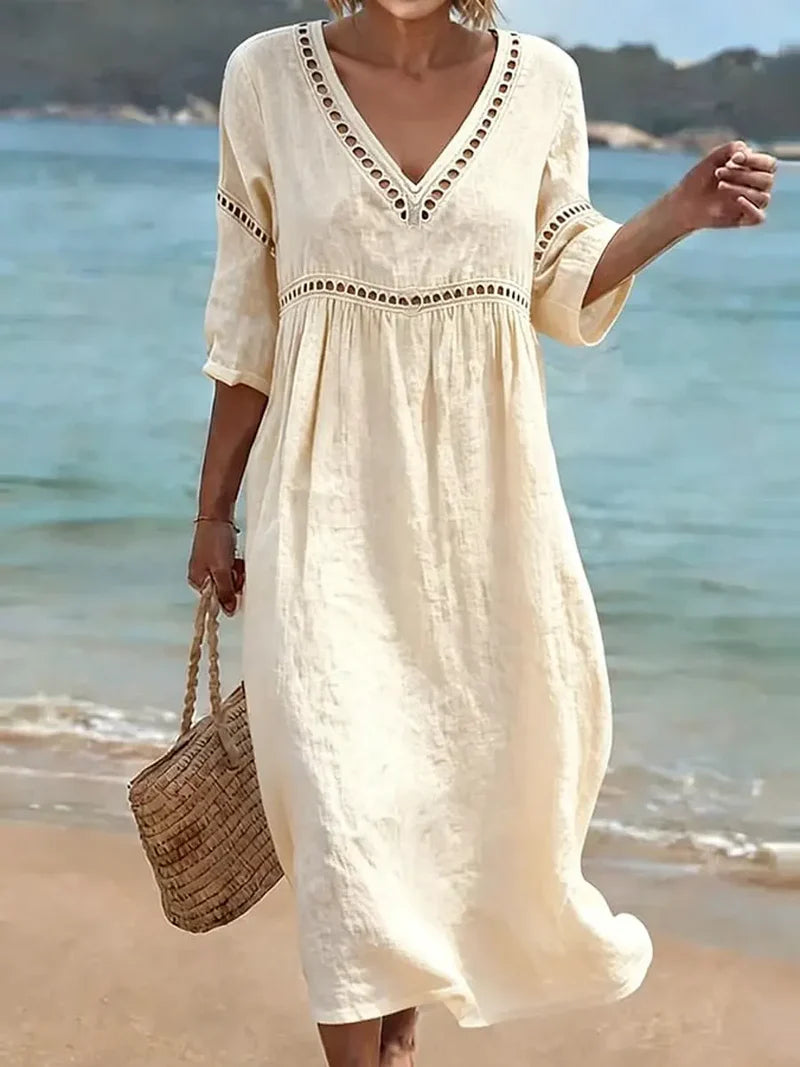 Cambria | Women's Short Sleeve V-Neck Openwork Summer Midi Dress