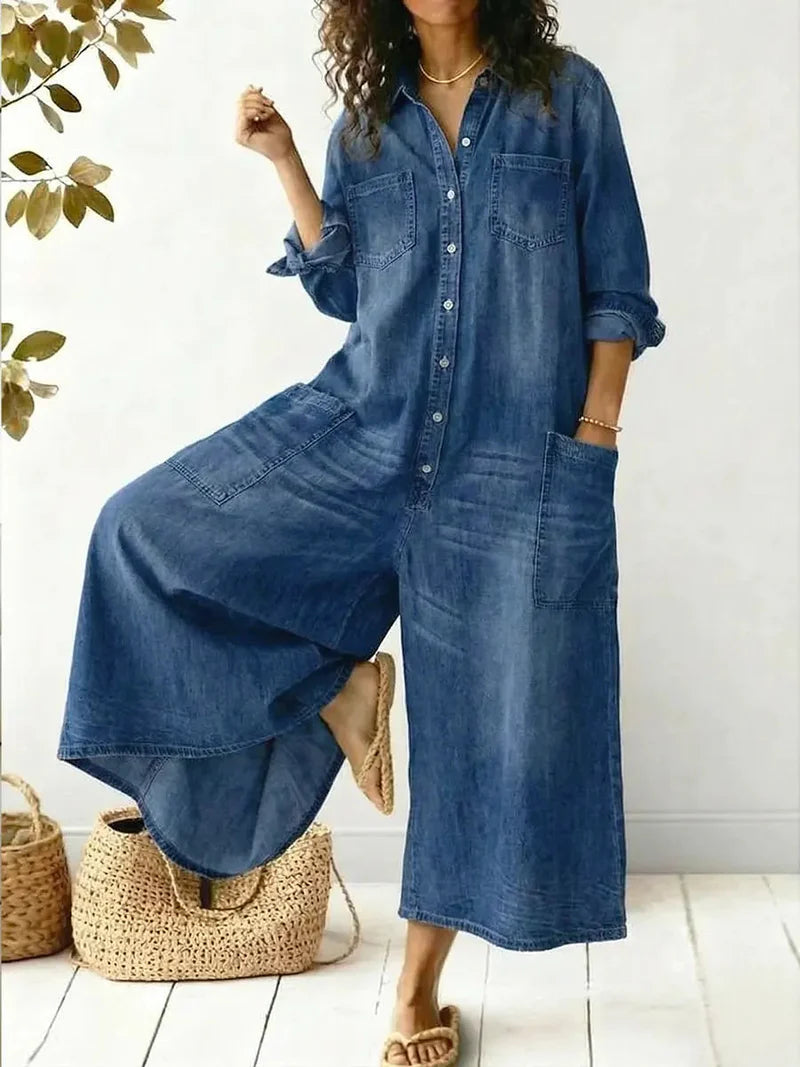 Camryn | Women's Wide Leg Button Front Long Sleeve Pocket Jumpsuit