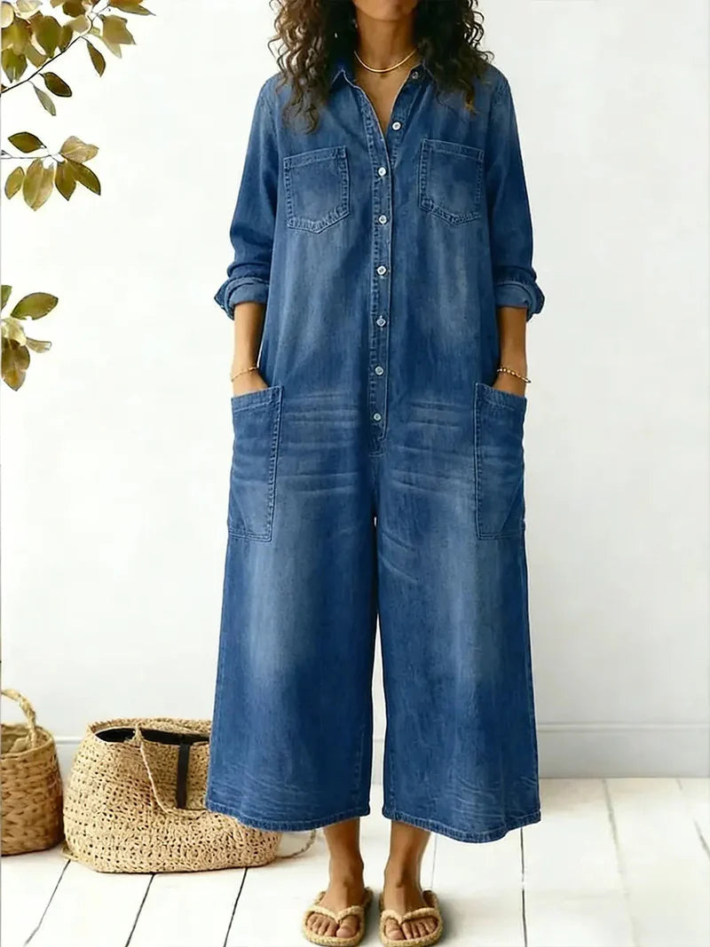 Camryn | Women's Wide Leg Button Front Long Sleeve Pocket Jumpsuit