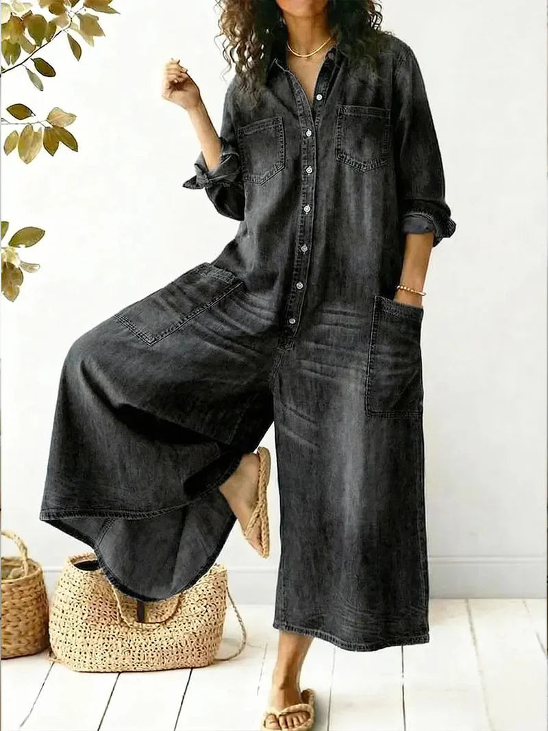 Camryn | Women's Wide Leg Button Front Long Sleeve Pocket Jumpsuit