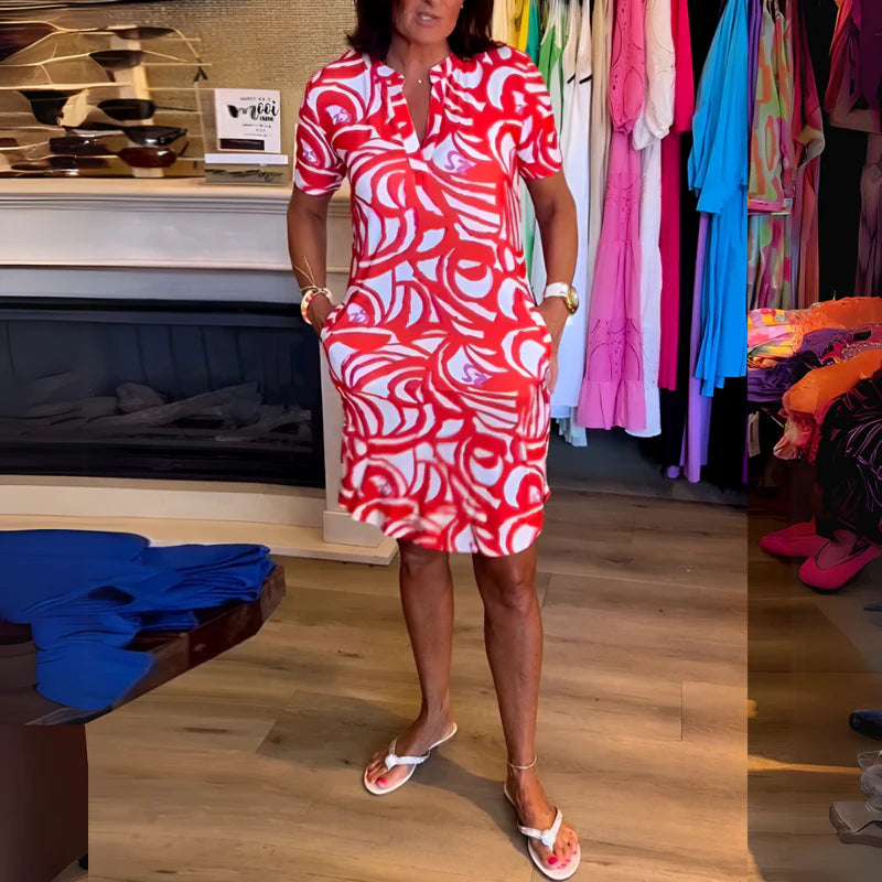 Candela | Women's Short Sleeve V Neck Printed Knee Length Dress