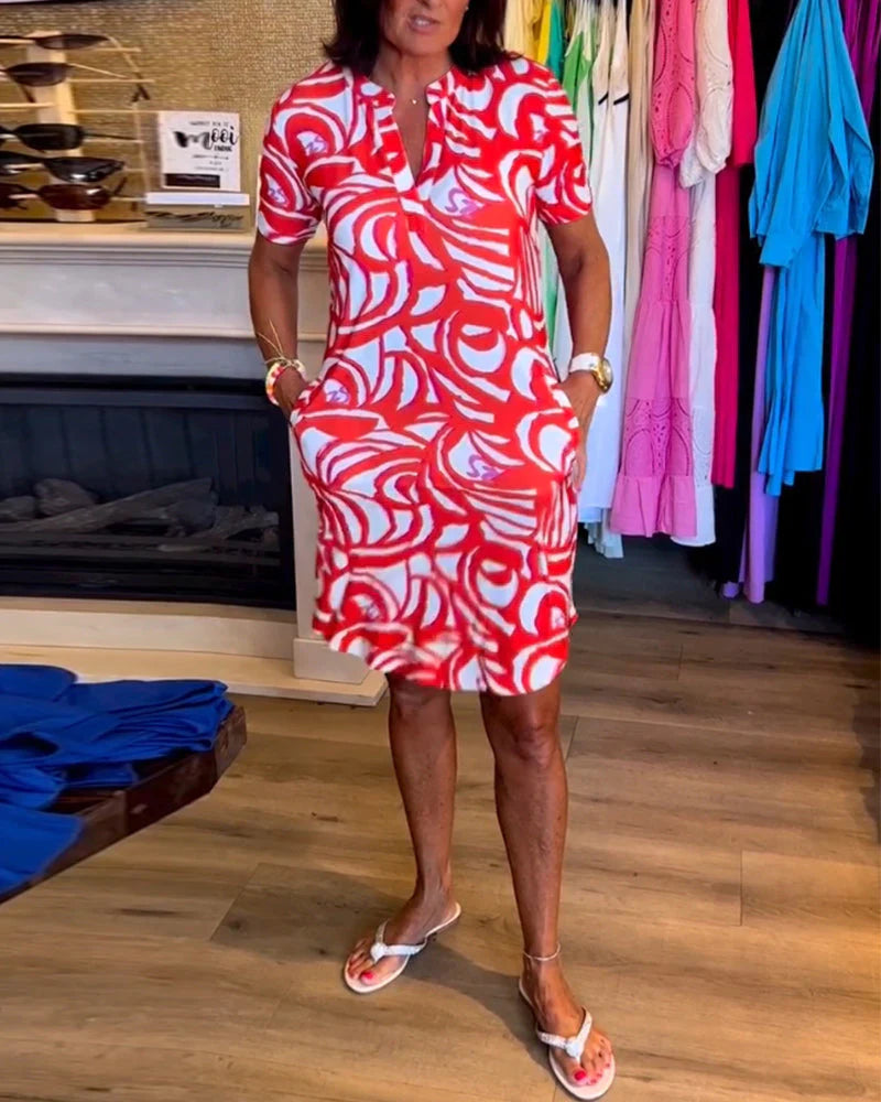 Candela | Women's Short Sleeve V Neck Printed Knee Length Dress