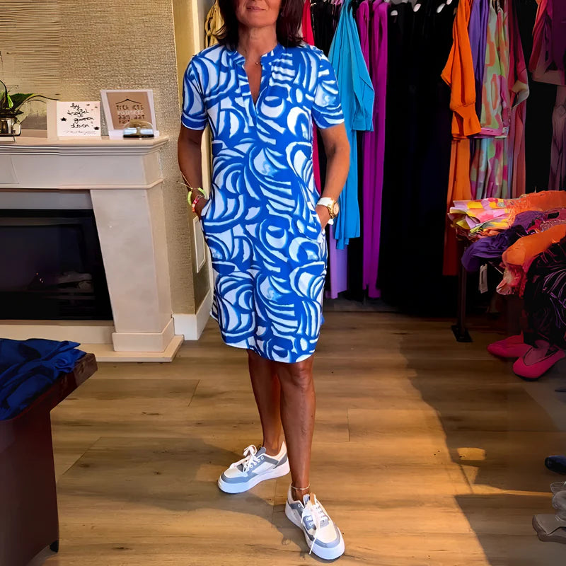 Candela | Women's Short Sleeve V Neck Printed Knee Length Dress