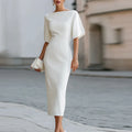 Carolinda | Women's Boat Neck Short Sleeve Fitted Midi Dress