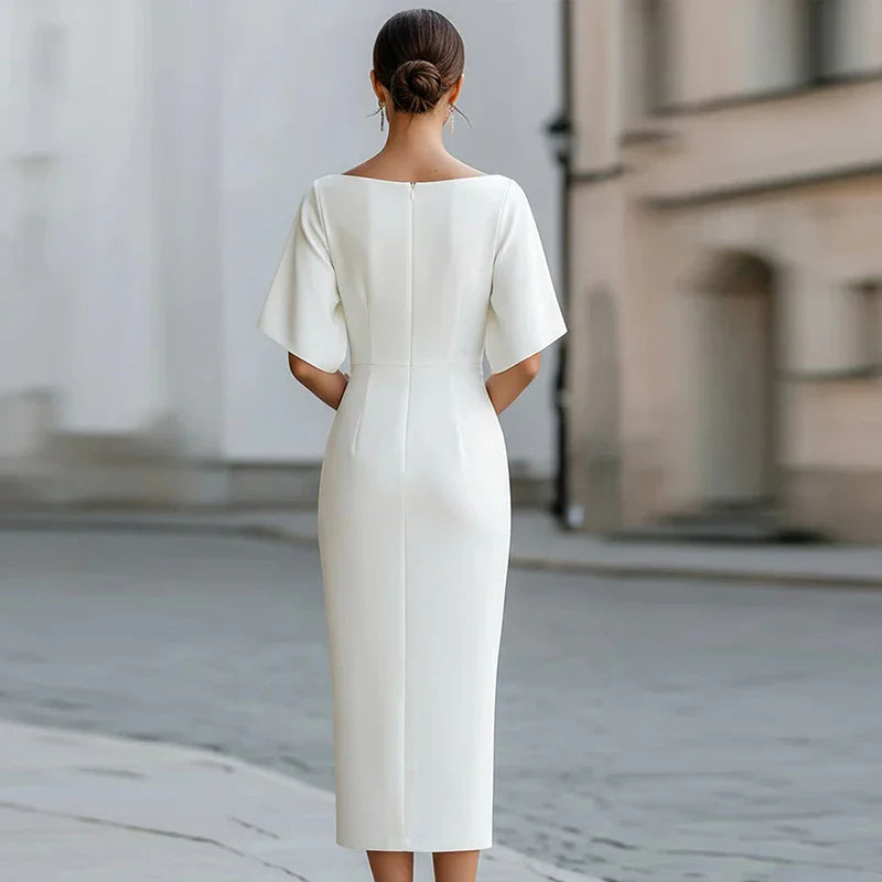 Carolinda | Women's Boat Neck Short Sleeve Fitted Midi Dress