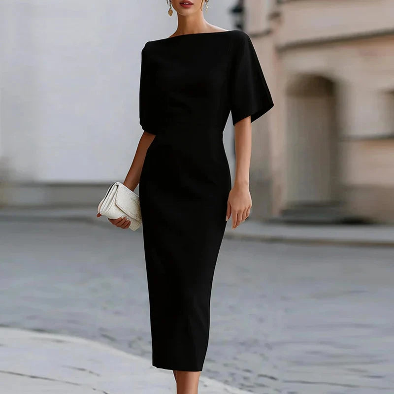 Carolinda | Women's Boat Neck Short Sleeve Fitted Midi Dress